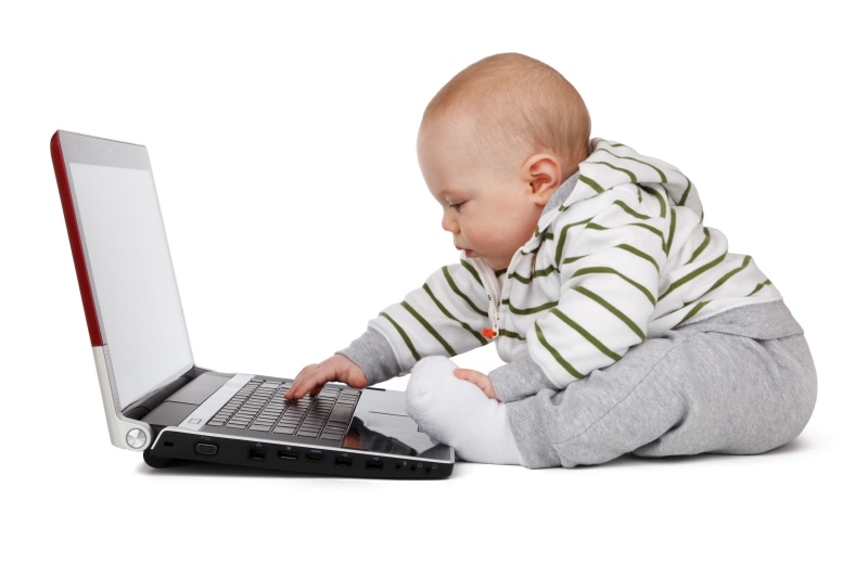 child, 4K, young, small, childhood, innocence, striped, white background, indoors, work, baby, computer, little, sitting, infant, communication, wireless technology