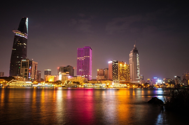 water, outdoors, beside, urban Skyline, downtown District, body, residential district, illuminated, lighted, building, tower, asia city, no people, saigon vietnam