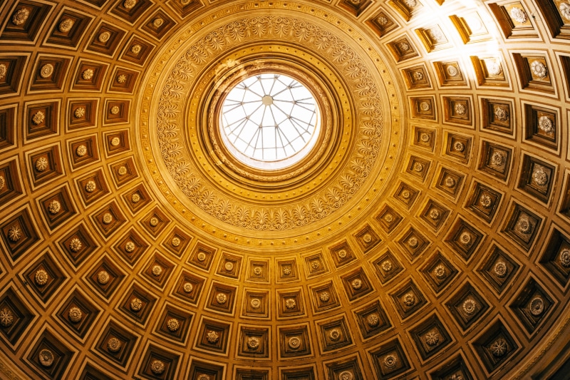 clear, low angle view, travel destinations, vatican museum, skylight, built structure, interior, cupola, 4K, no people, circle, oval, vatican, museum