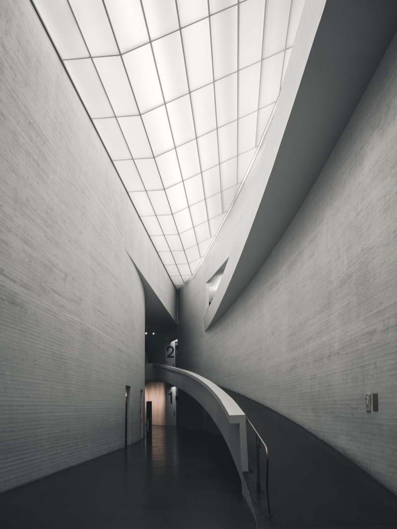 ceiling, flooring, indoors, wall, skylight, empty, day, arcade, travel, helsinki, underpass, white, gray, modern, railing, wall - building feature, 4K