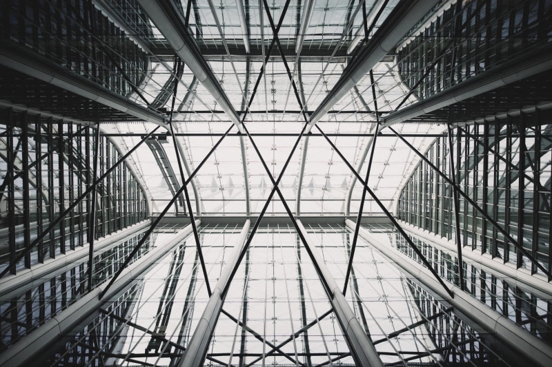 crate, building, architecture, low angle view, full frame, built structure, city, office building exterior, ceiling, metal, design, day, transparent, glass