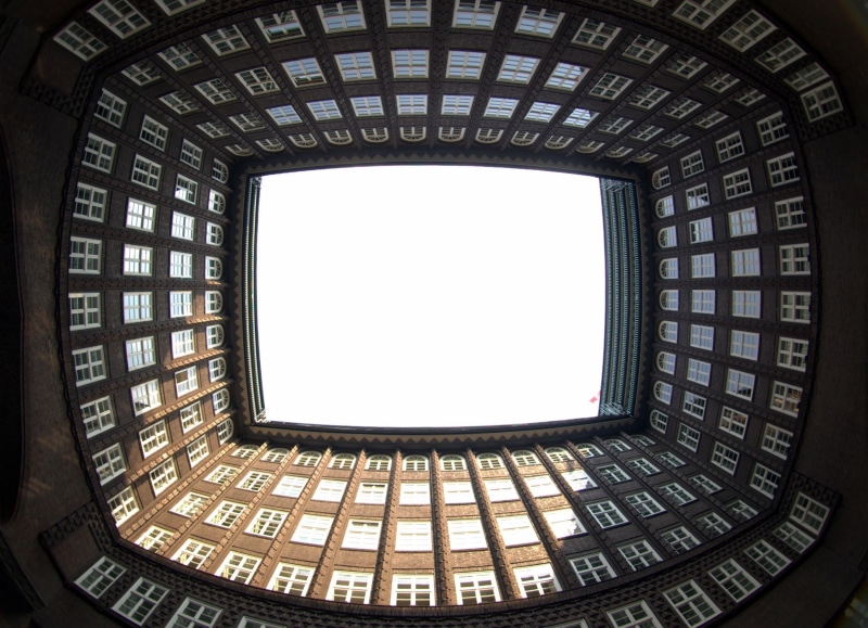 Hamburg, skylight, day, directly below, 2K, geometric shape, symmetry, architecture, ornate, indoors, built structure, building, bricks, sky, design, Germany