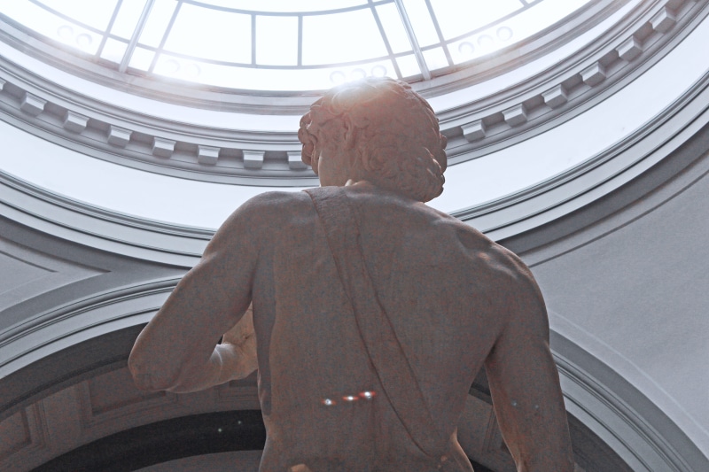 low angle view, standing, one person, lifestyles, back, perspective, ceiling, accademia gallery, florence, senior adult, statue of david, men, real people