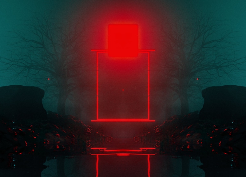 rectangle, grave, red, digital composite, outdoors, nature, pattern, neon, illuminated, spooky, tree, death, built structure, wall - building feature