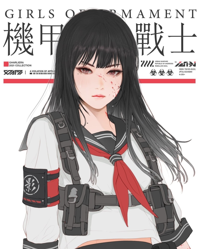 school uniform, cyberpunk, Gharliera, 720P, cybernetics, anime girls