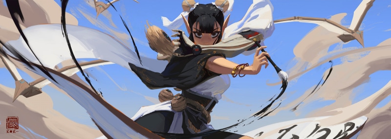 paint brushes, ropes, eastern, character design, women, ink, 2K, scrolls, Kan Liu, cybernetics