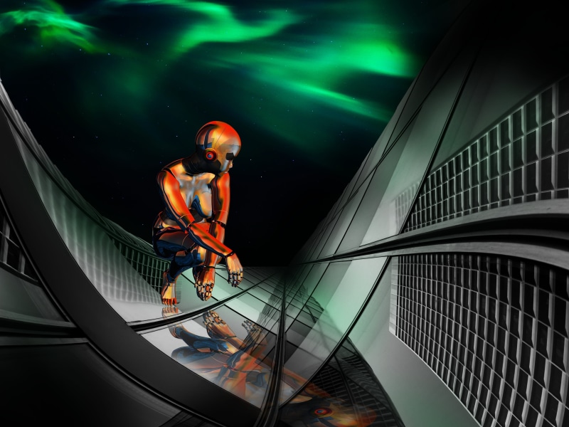 4K, occupation, modern, orange, digital, animated, one person, sitting, built structure, full length, night, spherical shapes, platform, cyborg, men, color