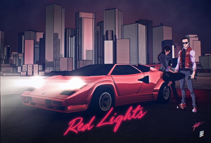 Lamborghini Countach, 4K, artwork, motor vehicle, nightlife, luxury, standing, architecture, lifestyles, women, adult, office building exterior, transportation