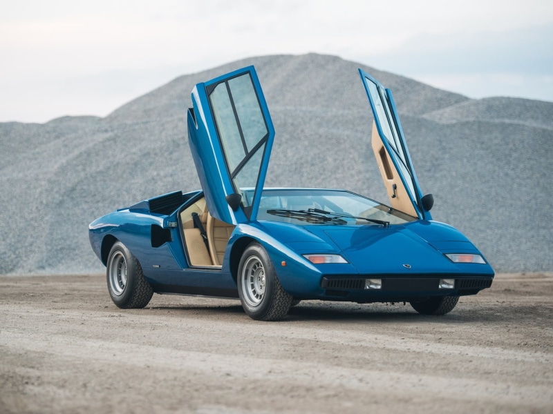 day, mountain, land, road trip, land vehicle, focus on foreground, 720P, wheel, Lamborghini Countach, vintage car, side view, road, retro styled, mode of transportation