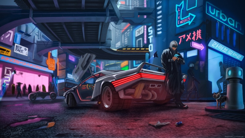 neon, car, Cyberpunk 2077, futuristic, cyberpunk, digital art, neon glow, 4K, Video Game Art