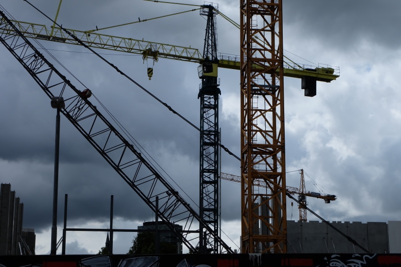construction site, incomplete, power supply, crane - construction machinery, day, no people, dusk, clouds, sky, industry, outdoors, nature, tall - high