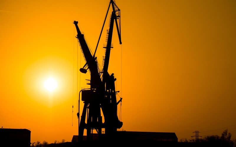 sun, no people, crane - construction machinery, development, orange, outdoors, construction site, sunset, incomplete, shipyard, construction machinery