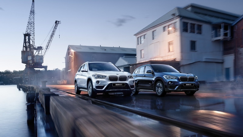 vehicle, cranes (machine), harbor, house, ports, 1080P, BMW X1, BMW, motion blur, water, SUV, car
