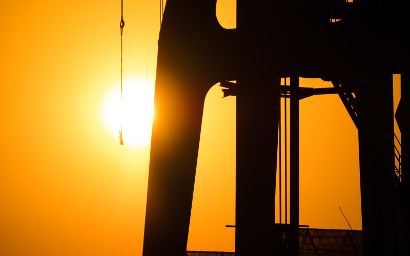 orange, metal, low angle view, sunlight, cranes (machine), orange color, sea, 4K, sunset, outdoors, architecture, illuminated, no people, silhouette, architectural column