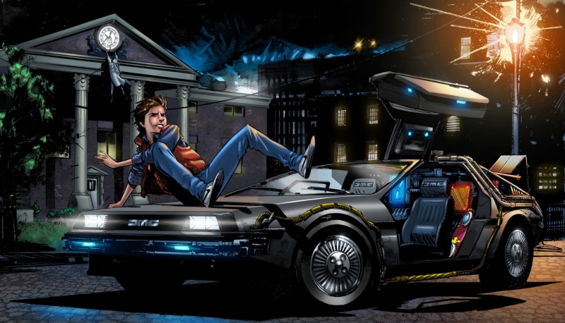 motor vehicle, males, architecture, Delorean dmc-12, men, young men, 2K, Car, side view, mode of transportation, Back to the future, land vehicle, Art