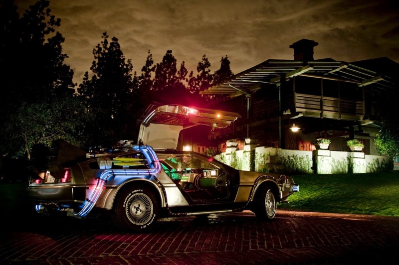 nostalgia, delorean, dusk, transportation, antique, vintage Car, street, collectors Car, building exterior, tree, street light, sky, car, outdoors, plant