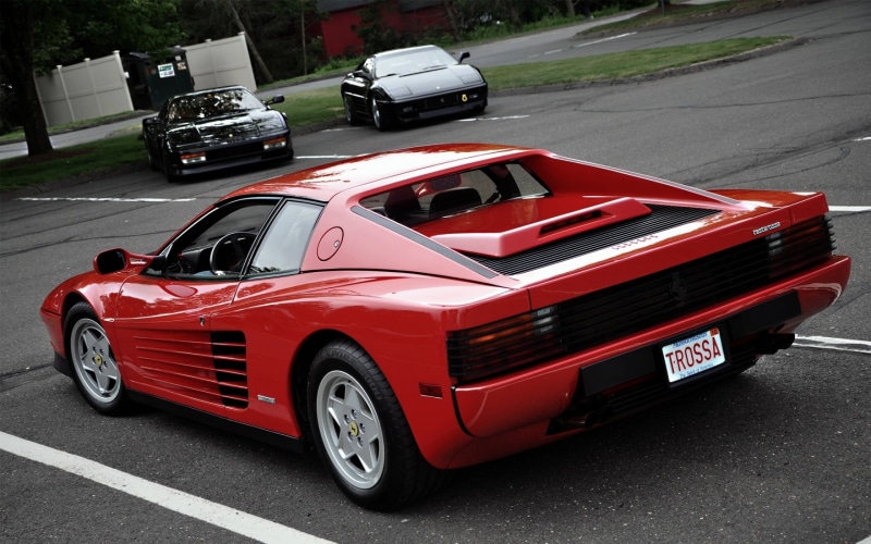 incidental people, red, sign, red cars, architecture, day, 2K, wheel, transportation, speed, road, mode of transportation, travel, Ferrari Testarossa