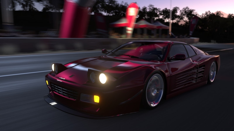 street, architecture, luxury, transportation, illuminated, on the move, tree, city, blurred motion, land vehicle, night, road, motor vehicle, Ferrari 512 TR