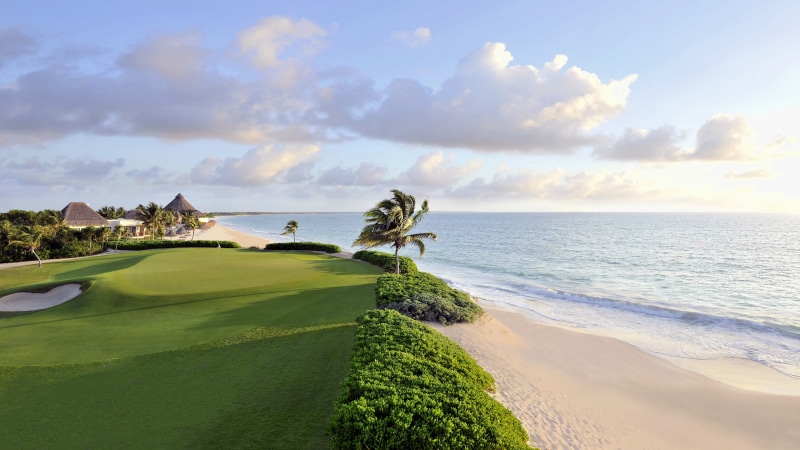 palm trees, sea, clouds, water, nature, horizon, beach, landscape, windy, Mexico, 4K, golf course, house, sunlight, sand, field, grass