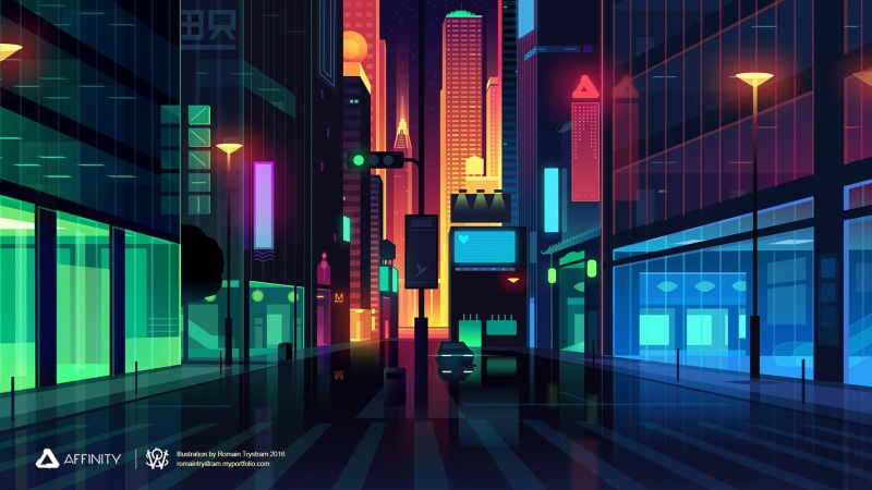 colorful, street, Romain Trystam, 1080P, street light, digital art, cityscape, city lights