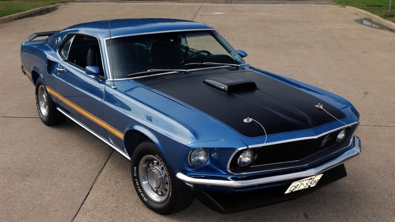 1080P, cars, blue, Mustang, car, street, classic, motor vehicle, transportation, day, outdoors, muscle, land vehicle, Mach, convertible, city, mode of transportation