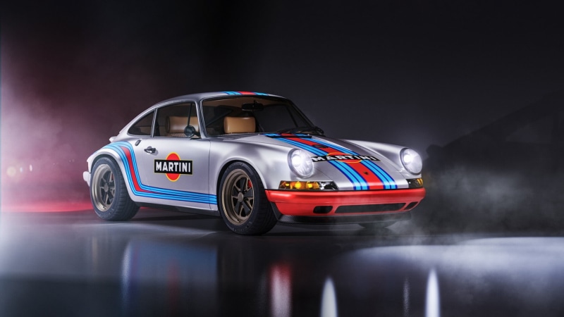 Martini, Retro, Porsche 911, Javier Oquendo, by Javier Oquendo, Singer 911 studio setting, Martini Livery, Rendering, Sportscar, Auto, Grey, 1080P, Transport and Vehicles