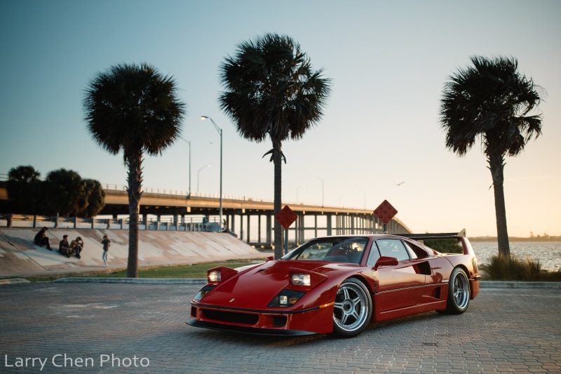 Miami, bridge, Ferrari, palm trees, Larry Chen, people, F40, 4K
