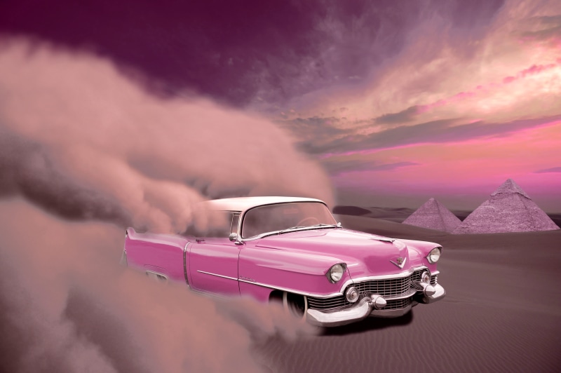 pyramids, computer and sports, smoke - physical structure, pink, old car, 50-speaker, yanks, americans, cloud - sky, purple, land Vehicle, 4K, retro Styled