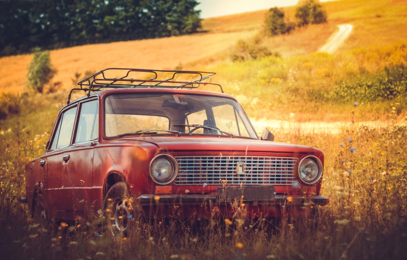 tofas, grass, metal, highland, vehicle, old-fashioned, trees, car, old, red, field, history, blur, daytime, rusty, mode of transportation, transportation