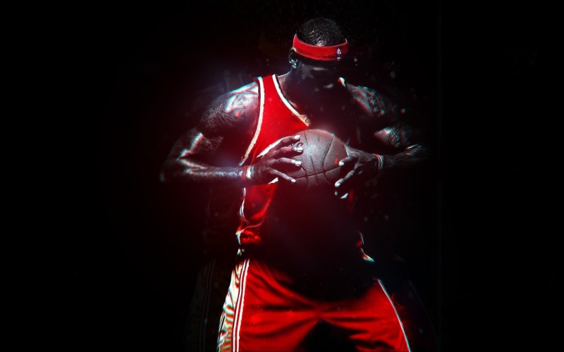 front view, black background, james, aggression, basketball, three quarter length, sport, studio shot, 1080P, LeBron James, red, strength, determination