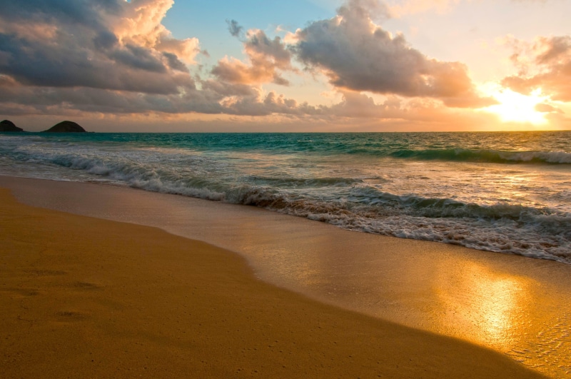 water, sunrise, idyllic, tropical, oahu, sunset, tranquility, land, sun, sand, 4K, summer, tranquil scene, scenics - nature, horizon Over Water, cloud - Sky