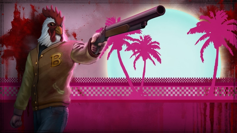 1080P, hotline miami, chicken, silhouette, shotgun, coconut, miami, sawed, human, holding, body, back, illustration, trees, roosters, hotline, palm