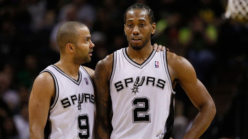 people, San Antonio, standing, NBA, men, young adult, Tim Duncan, Kawhi Leonard, young men, adult, togetherness, basketball, front view, San Antonio Spurs