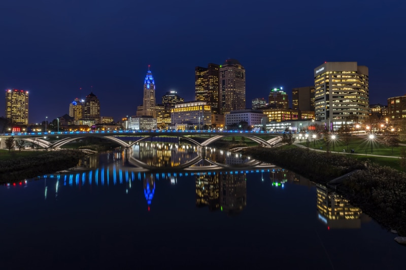 Bridge, USA, Home, The city, photo, Night, Ohio, Columbus, River, 2K, Street lights