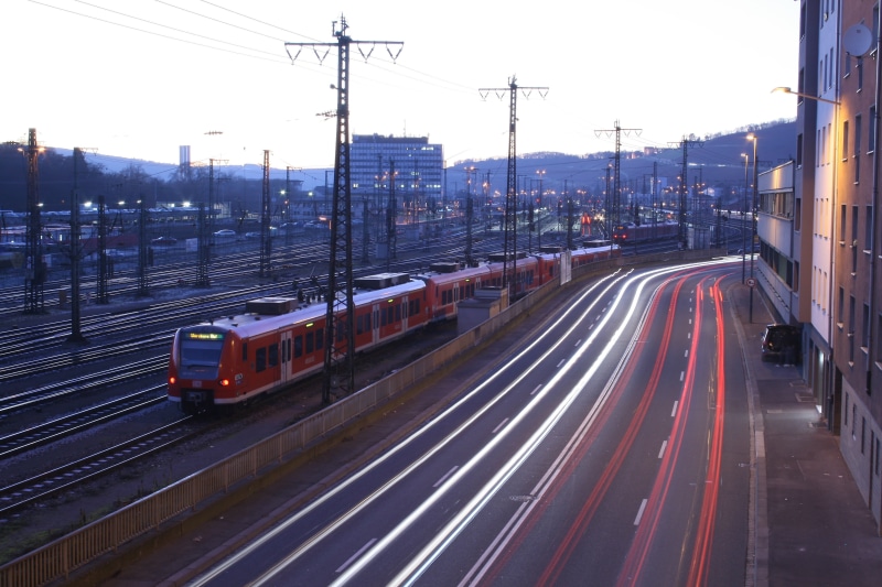 long time recording, urban Scene, aerial view, technology, public transportation, gloomy, architecture, locomotive, s bahn, roof landscape, transport, 4K