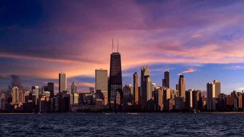 1080P, Chicago, Evening, River, City, Purple, Illinois, Sunset, Sky, Skyscrapers