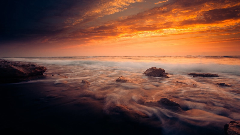 waves, ocean, landscapes, 4K, desktop, tablets, clouds, phones, best, mobile, beautiful, red, coast, horizon, sunset, hd