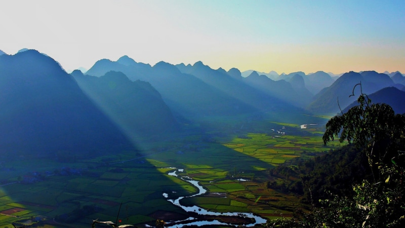 sun rays, clear, rays, river, vietnam, sunrise, mist, sky, field, landscape, valley, sun, farm, mountain, 1080P, morning, nature