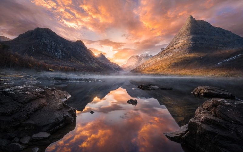 4K, sunrise, evaporation, fire, autumn, morning, rays, desktop, hd, innerdalen, water, lake, peaceful, sun, reflection, rock, mountains, norway