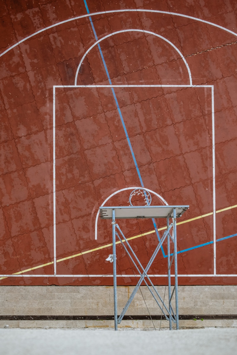 day, relaxation, competition, brick wall, hoop, view, sport, basketball court, wall, lines, minimal, red, architecture, wall - building feature, high angle view
