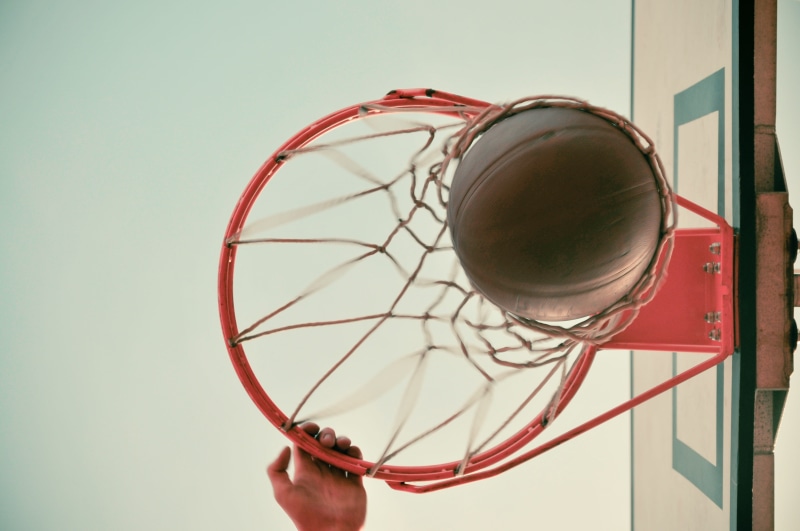 basketball hoop, hand, competition, shot, net, play, sport, unrecognizable person, angle, hoop, low angle view, personal perspective, indoors, activity