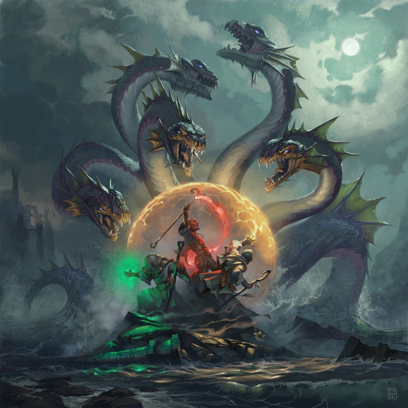 sea, Hugh Pindur, mages, 1080P, battle, fantasy art, Hydra