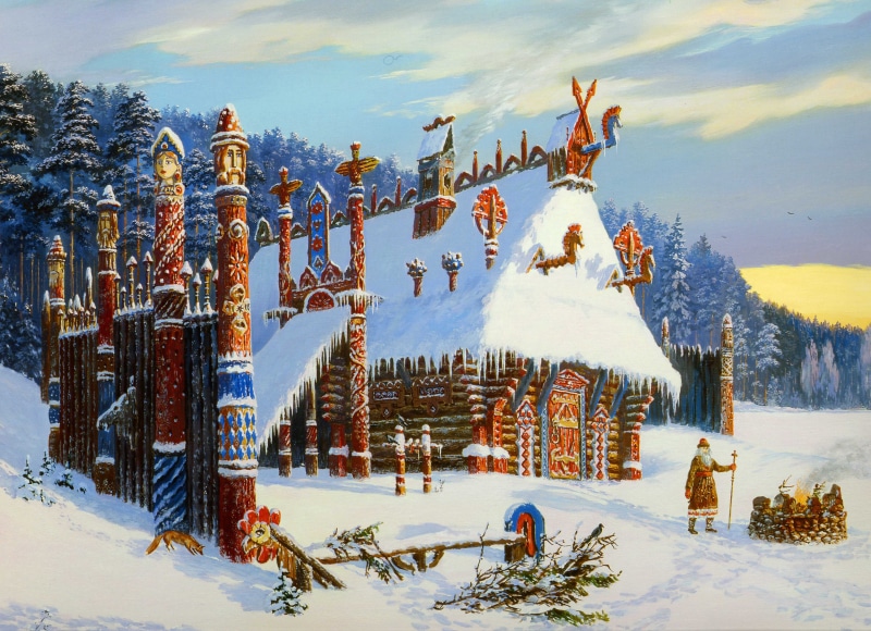 coniferous tree, non-urban scene, Russian folklore, snow, mountain range, brown, snowcapped mountain, nature, wooden, fire, pine tree, The temple of God Snich. Winter