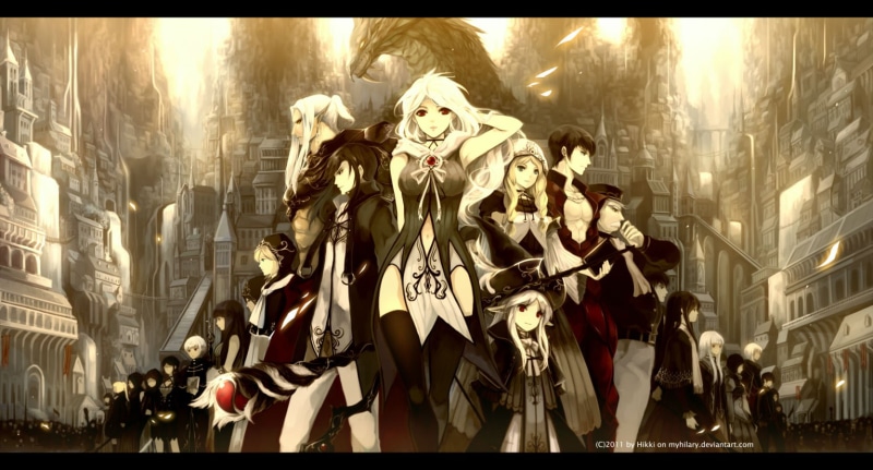 open, hat, black, group, city, white, shirt, 720P, eyes, braids, building, red, dragon, staff, myhilary, mage, watermark, original, book, hair, thighhighs