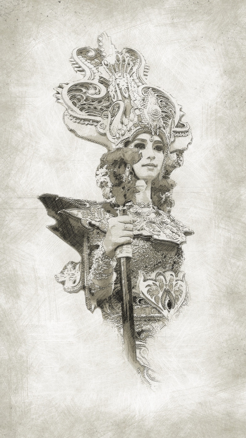 drawing, holding, textured effect, clothing, black And White, art and craft, staff, fantasy, sketch, portrait, statue, sepia toned, history, white, beauty