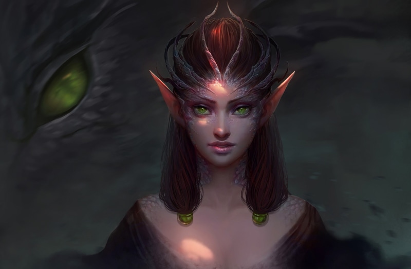 green eyes, dark, 1080P, fantasy girl, creature, dragon, fantasy, artwork, digital art, girl, fantasy art, Elf, pointy ears