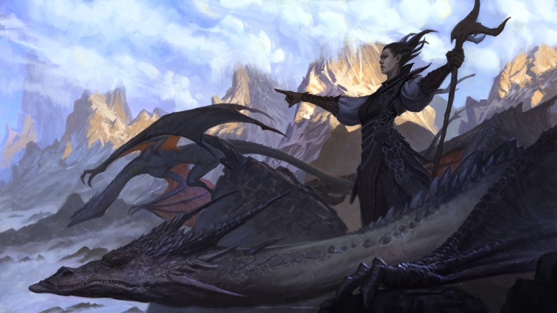 character, female, fantasy, MAG, cartoon, horns, dragon, mountains, art, 2K, girl, landscape