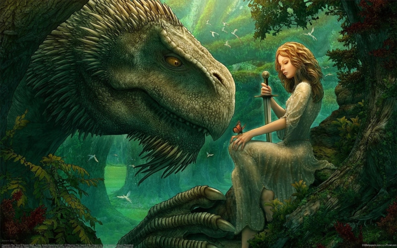 trees, girl, forest, large, fantasy, nature, warrior, illustration, day, females, outdoors, CG, young women, beautiful, plant, birds