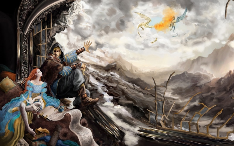 Serreth, Dovahkiin and his cronicler, girl, TES 5, 1080P, warriors, Dragonborn, fantasy, the chronicler, fanart, The Elder Scrolls V: Skyrim, The Elder Scrolls