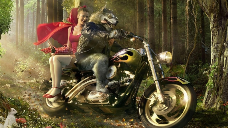 riding, cruiser, little red riding hood, fantasy, woman, werewolf, red, modern, hood, wolf, 1080P, little, motorcycle, 1920x1080